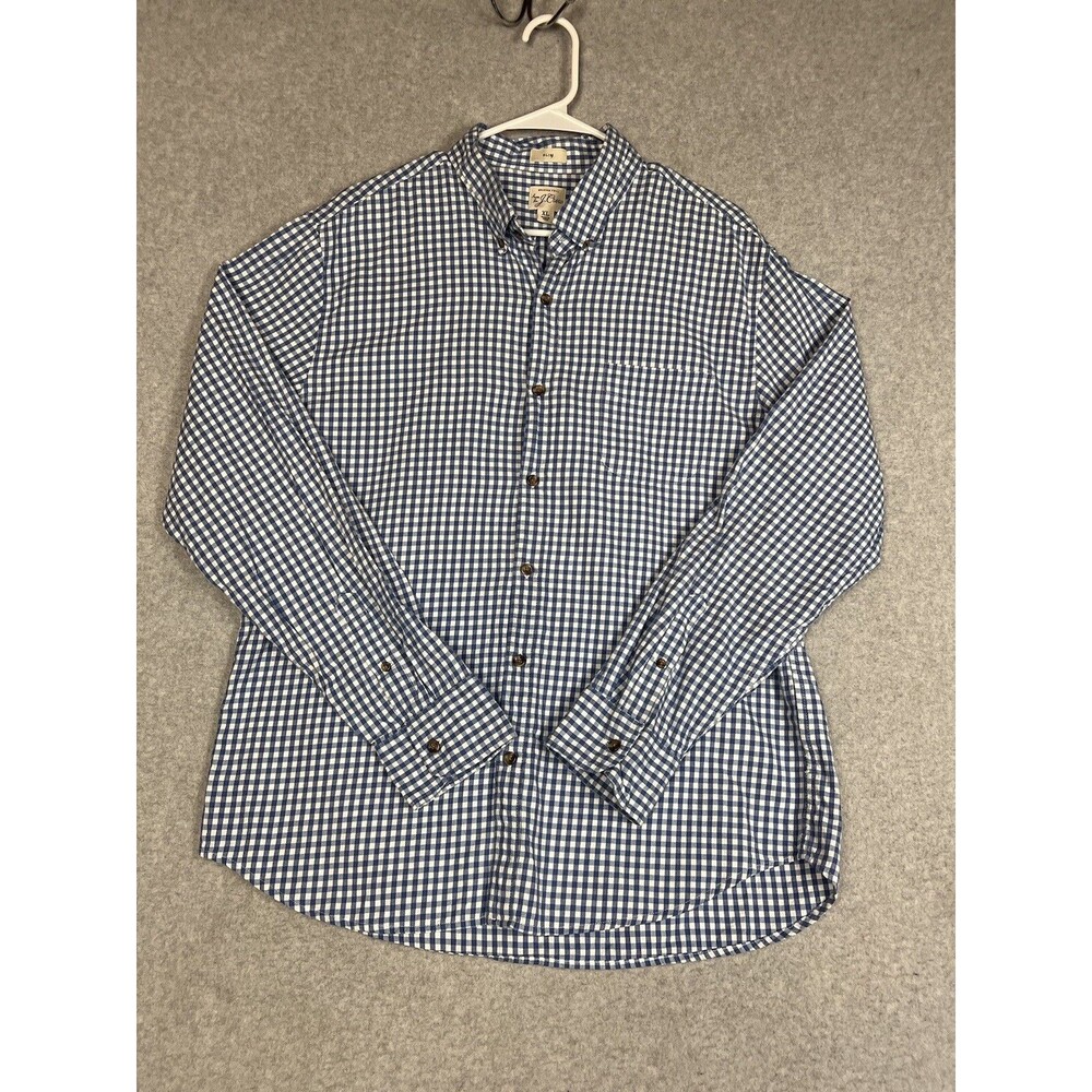 J Crew Shirt Mens XL Button Up White Blue Check Slim Brushed Twill Preppy